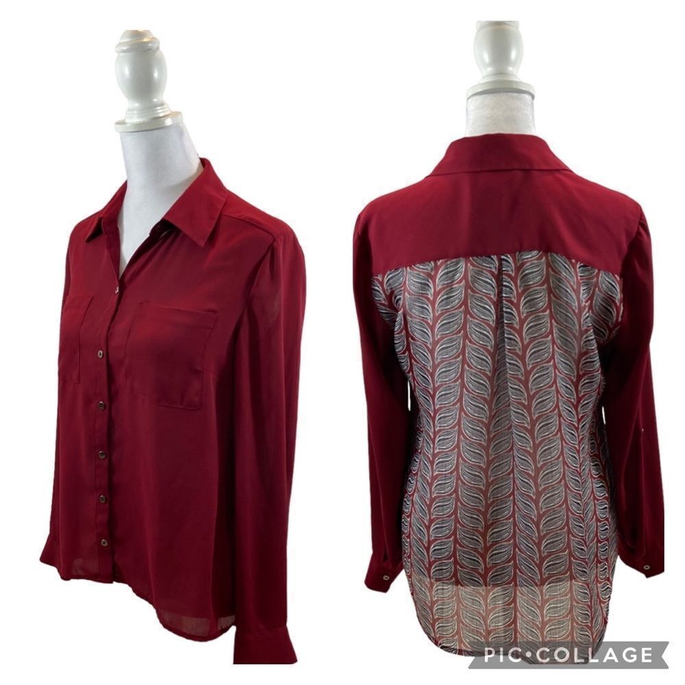 Alfani Sheer Burgundy Button Down Top Printed Back Panel Size 4P